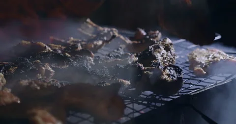 Grilling Meat at Night Close Up Stock Footage 147121025