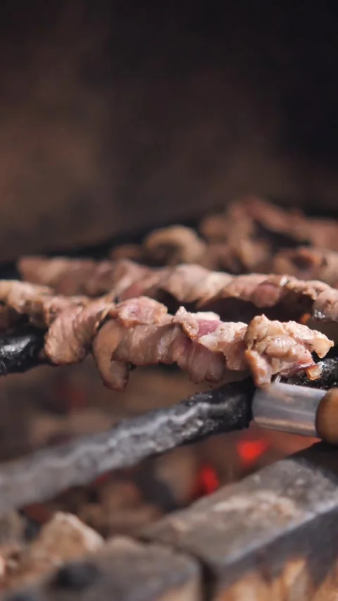 Grilling meat over hot coals in a kitchen setting Stock Footage 340862719