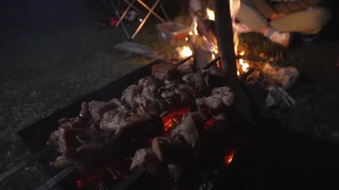 Grilling meat over open fire at nighttime camp Stock Footage 301402366
