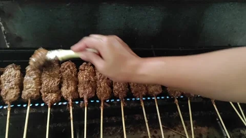 Grilling a meat satay Stock Footage 261399925