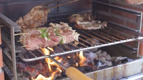Grilling meat with vegetables on fire Video stock 116736790