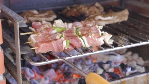 Grilling meat with vegetables on fire Video stock 116737814
