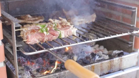 Grilling meat with vegetables on fire Video stock 116737819