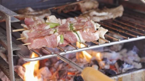 Grilling meat with vegetables on fire Video stock 116737830