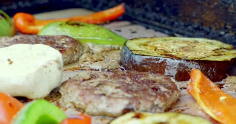 Grilling Mixed Vegetables and Meat on Outdoor Barbecue 스톡 동영상 323334961