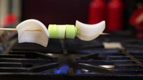 Grilling Onions On A Skewer Stock Footage 139499290