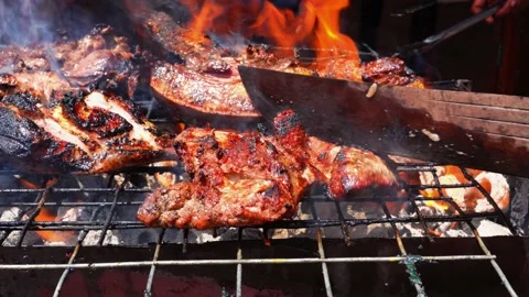 Grilling the pork directly over the fire Stock Footage 228426394
