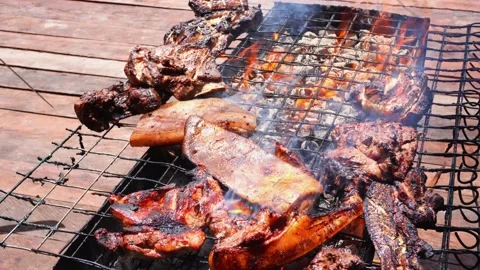 Grilling the pork directly over the fire Stock Footage 228426793