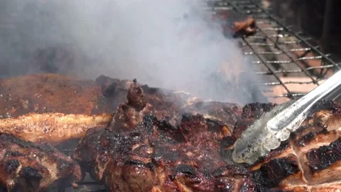 Grilling the pork directly over the fire Stock Footage 228426937