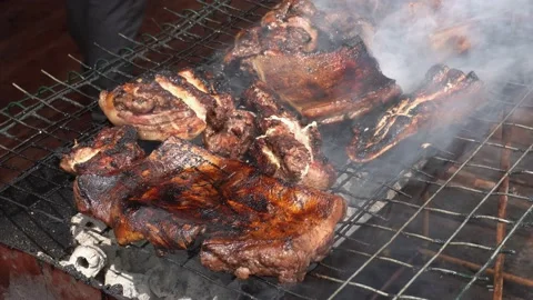 Grilling the pork directly over the fire Stock Footage 228427276