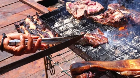 Grilling the pork directly over the fire Stock Footage 228427362