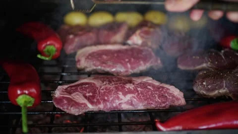 Grilling premium marble beef steaks and vegetables on outdoor barbecue grid.. Stock Footage 339755257