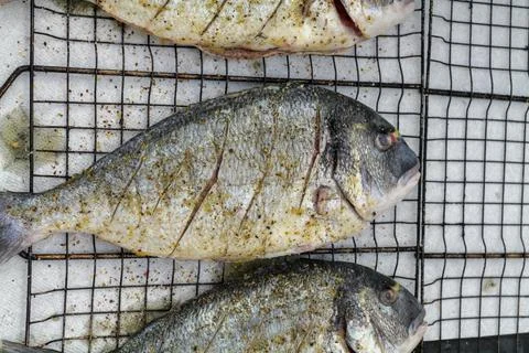 Grilling process of dorado fish on a charcoal BBQ grill in the backyard Stock Photos