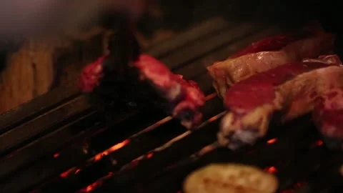 Grilling raw meat and vegetables in a barbecue Stock Footage 131986780
