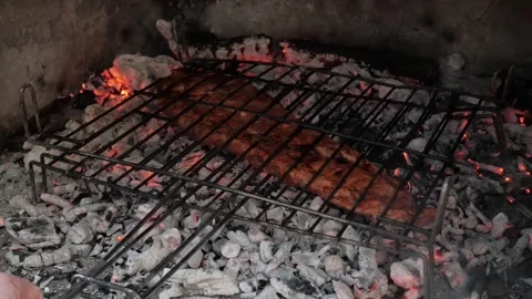 Grilling Ribs on Metal Rack Over Hot Coals in Rustic Barbecue Cooking Scene Stock Footage 336482269