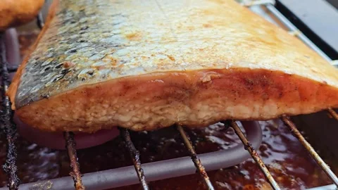 Grilling Salmon Fish Fillet on BBQ Grill Close Up 库存影片 344703898