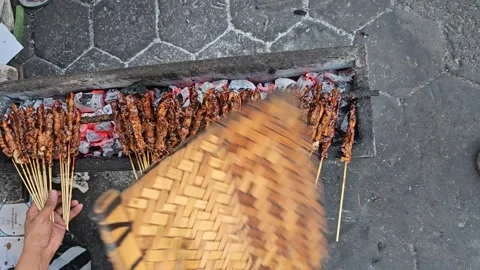 Grilling satay traditionally Stock Footage 249584323