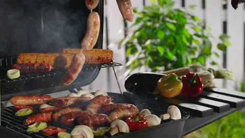Grilling Sausages BBQ Close-Up Macro Cooking Stock Footage 211728218