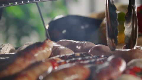 Grilling Sausages BBQ Close-Up Macro Cooking Stock Footage 211741889