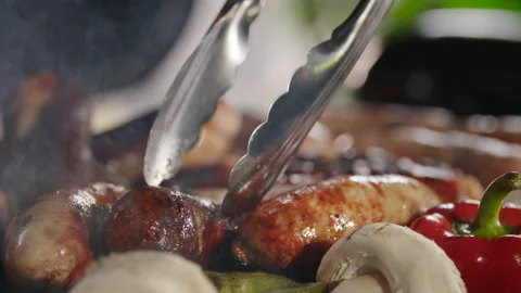 Grilling Sausages BBQ Close-Up Macro Cooking Stock-Footage 211742385