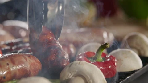 Grilling Sausages BBQ Close-Up Macro Cooking Stock-Footage 211742703