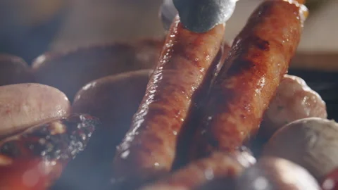 Grilling Sausages BBQ Close-Up Macro Cooking Stock Footage 211746787