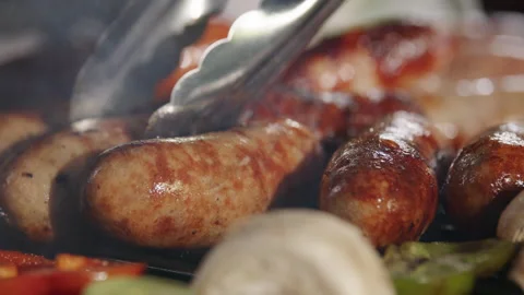Grilling Sausages BBQ Close-Up Macro Cooking Stock Footage 211749241