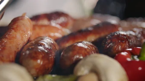 Grilling Sausages BBQ Close-Up Macro Cooking 库存影片 211749982