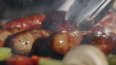 Grilling Sausages BBQ Close-Up Macro Cooking Stock Footage 211750214