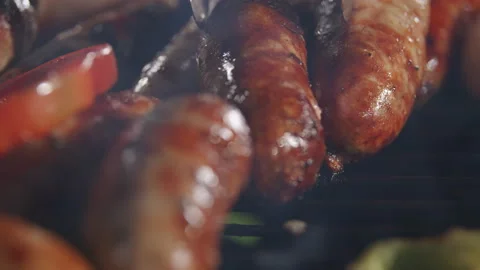 Grilling Sausages BBQ Close-Up Macro Cooking Stock Footage 211751775