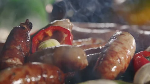 Grilling Sausages BBQ Close-Up Macro Cooking Stock Footage 211761166