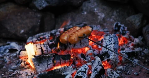 Grilling sausages over a campfire, roasting sausages. Stock Footage 112112734