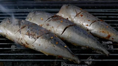 Grilling seafood on BBQ grill Stock Footage 276374995