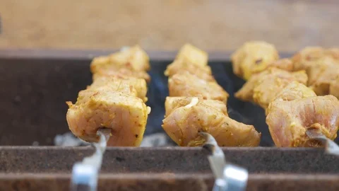 Grilling shish kebab on fire Stock Footage 85443524