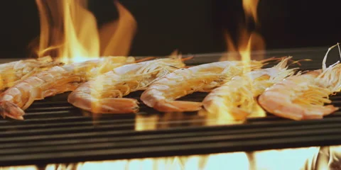 Grilling shrimps with fire flame Video stock 247379419