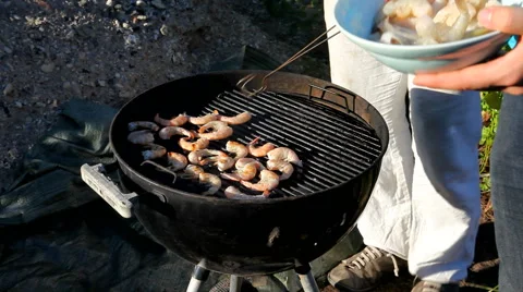 Grilling shrips in the backyard -lightning charcoal Stock Footage 40255016