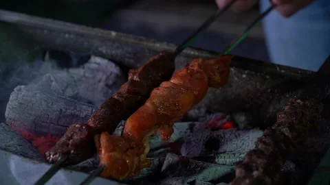 Grilling Skewers of Meat Stock Footage 319948980