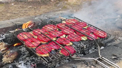Grilling sliced tomatoes on open fire barbecue close up Stock Footage 124269064