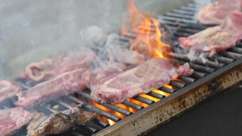 Grilling Steak Outdoors Stock Footage