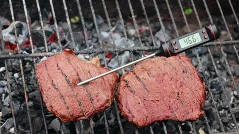 Grilling steaks with a thermometer checking internal temperature over charcoa Stock Footage 295059380