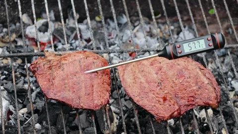 Grilling steaks with a thermometer showing medium doneness Stock Footage 295059360