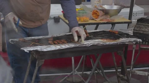 Grilling Thai BBQ Beef Satay Stock Footage 308628262
