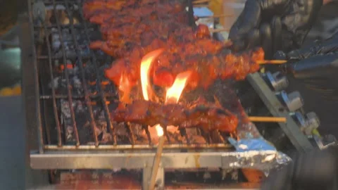 Grilling Thai BBQ Beef Satay Video stock 308630739