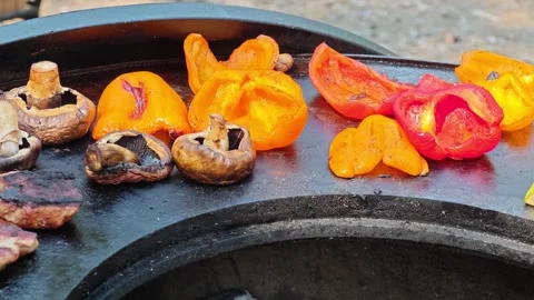 Grilling various vegetables and meat on a warm day in an outdoor setting Stock Footage 341410682