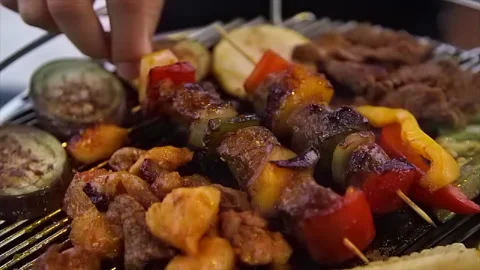 Grilling Vegetable beef Skewers, Bbq, pork and vegetables Food Stock Footage 147440574