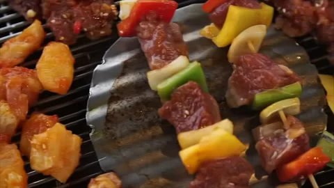 Grilling Vegetable beef Skewers, Bbq, pork and vegetables Food Stock Footage 147441473