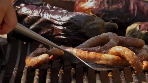 Grilling Vegetables over Wood Fire for Traditional Romanian Zacusca Video stock 288689136