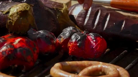 Grilling Vegetables over Wood Fire for Traditional Romanian Zacusca Video stock 288689145