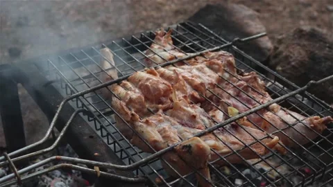 Grilling whole chicken on open fire outdoor Stock Footage 123294049