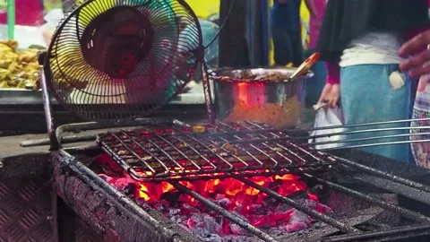 Grilling a whole chicken over a hot coals grill Stock Footage 223465595